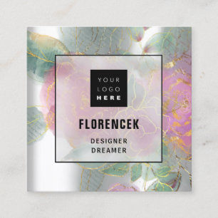 Custom Logo QR CODE Silver Grey Green Floral Frame Square Business Card