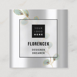 Custom Logo QR CODE Silver Grey Green Gold Leafs Square Business Card