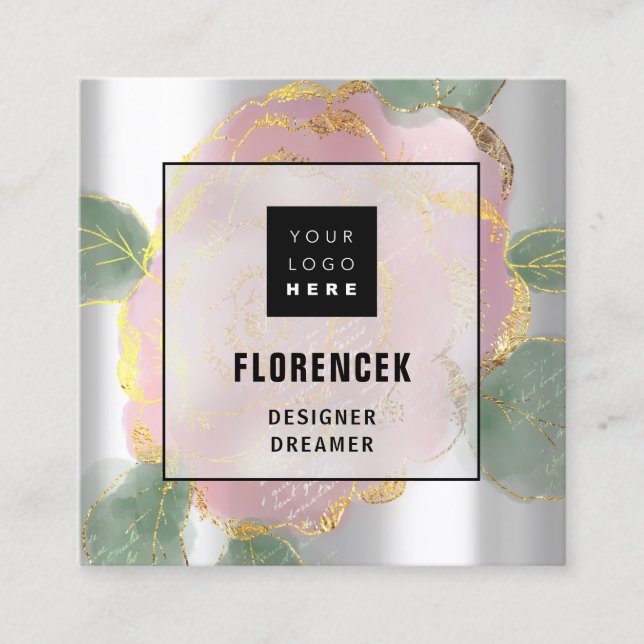 Custom Logo QR CODE Silver Grey Green Rose Leafs  Square Business Card (Front)