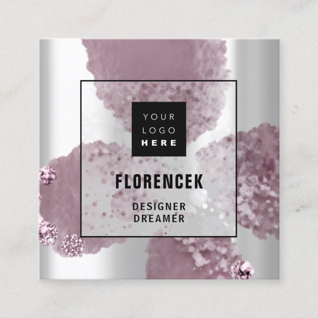 Custom Logo QR CODE Silver Grey Purple Crystals Square Business Card (Front)