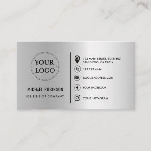 Custom Logo QR Code Social Media Icons Faux Silver Business Card