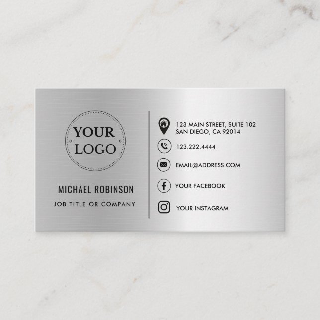 Custom Logo QR Code Social Media Icons Faux Silver Business Card (Front)
