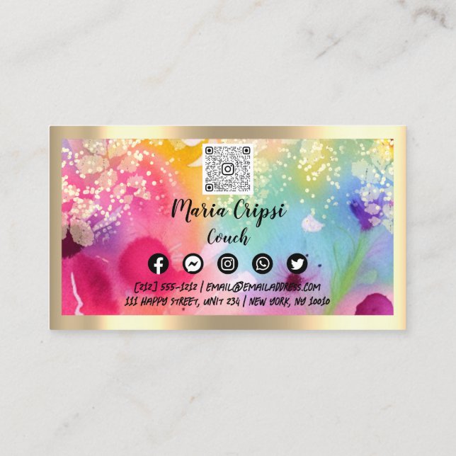 Custom Logo QRCode Watercolor Gold Social Confetti Business Card (Back)