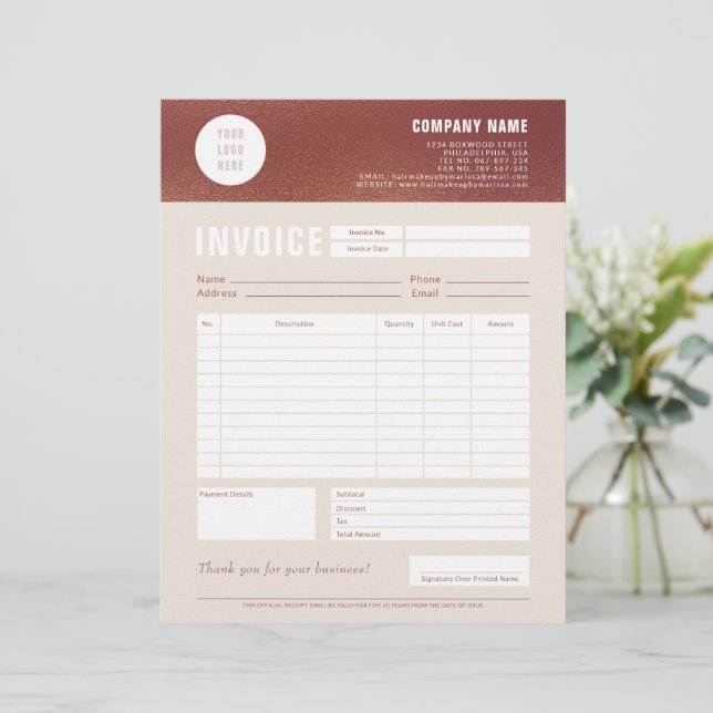 Custom Logo Rose Gold Foil Invoice Form Custom Letterhead (Standing Front)