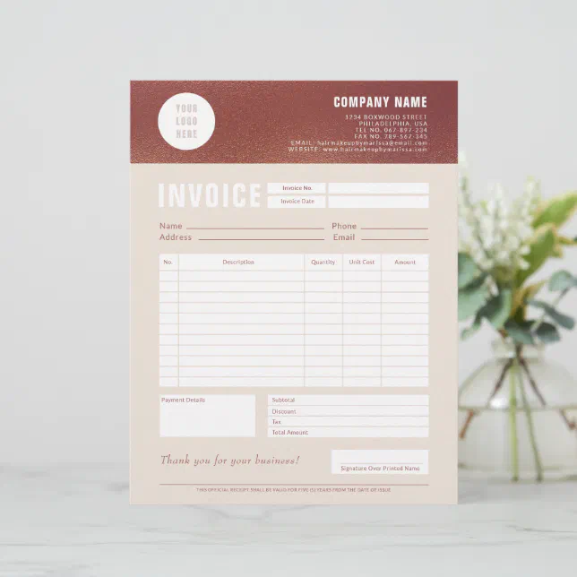 Custom Logo Rose Gold Foil Invoice Form Letterhead | Zazzle