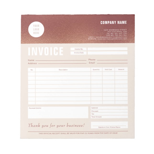 Custom Logo Rose Gold Foil Invoice Form Notepad (Front)