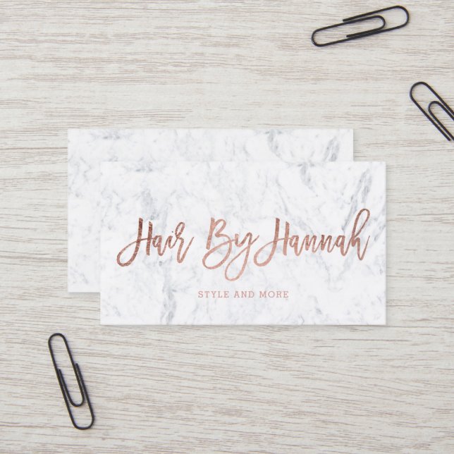 Custom logo rose gold typography white marble 2 business card (Front/Back In Situ)