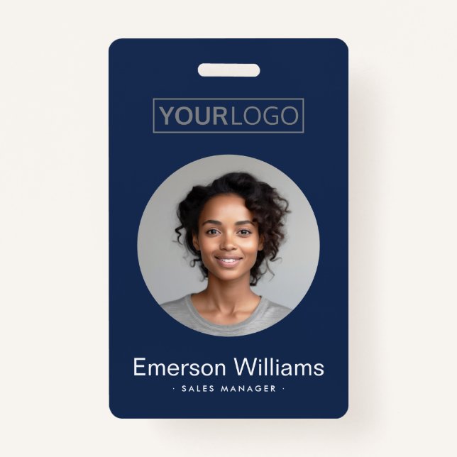 Custom logo round photo blue employee name id ID badge (Front)