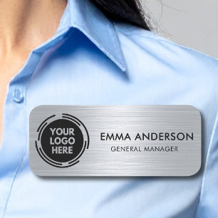 Custom Logo Safety Pin or Magnetic Faux Silver Name Tag