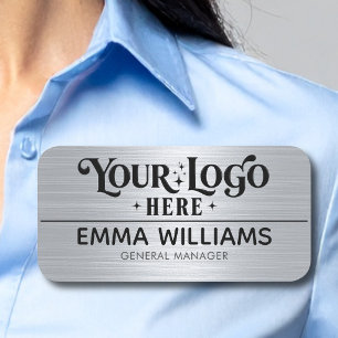 Custom Logo Safety Pin or Magnetic Faux Silver Name Tag