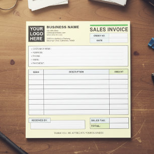 Custom Logo, Sales Invoice Receipt Small Business Notepad