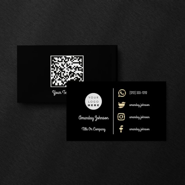  Custom Logo Social Media Gold QR Code Black White Business Card (Custom Logo Social Media Gold QR Code Black White Business Card)