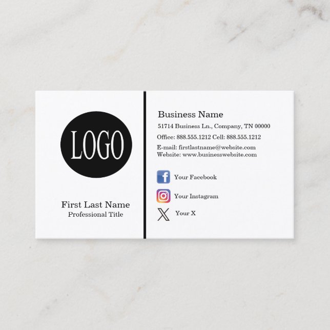 Custom Logo Social Media Icons Minimalist Modern B Business Card (Front)