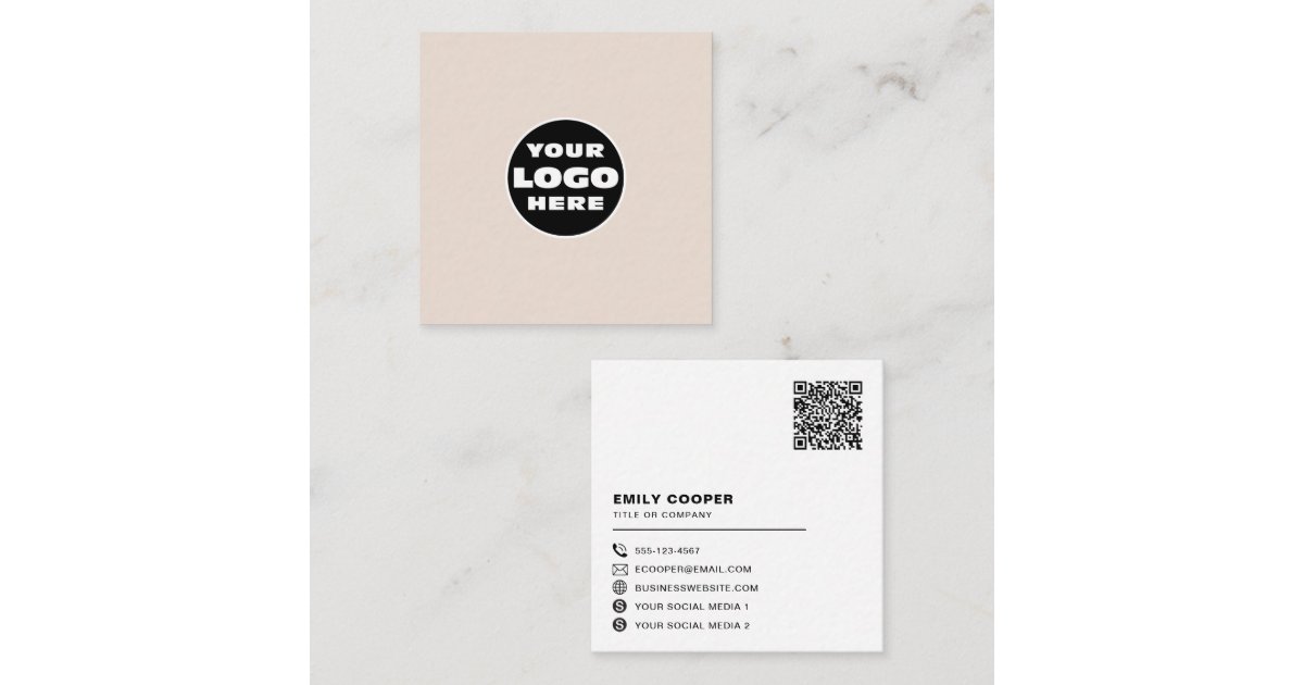 custom logo social media icons QR code cream Square Business Card | Zazzle