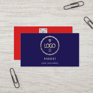 Custom Logo Social Media QR Code Gold Navy Red Business Card