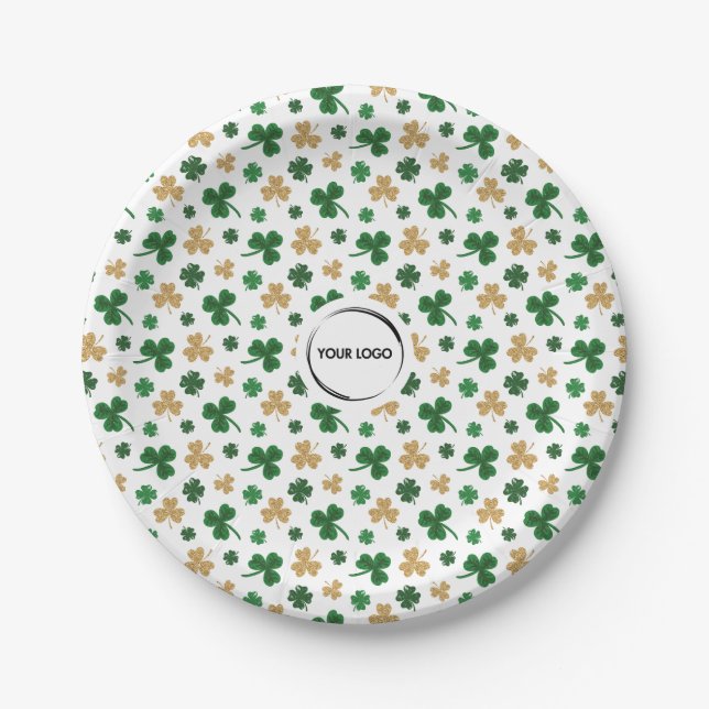 Custom Logo St. Patrick Shamrock Green Gold Paper Plate (Front)