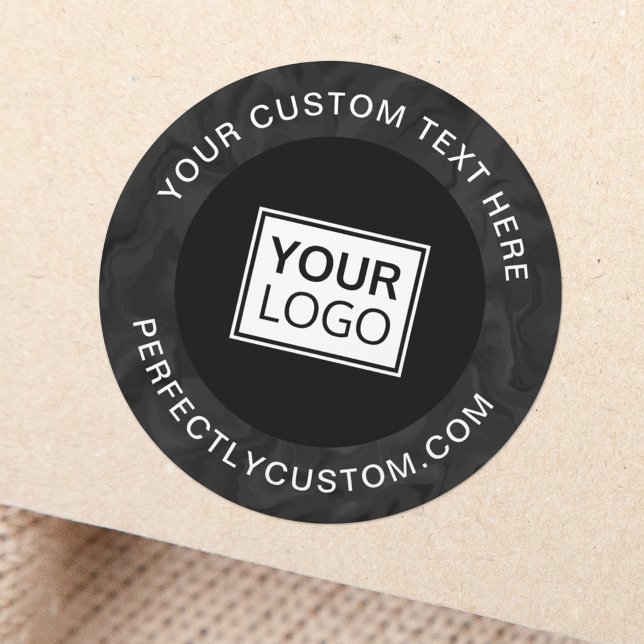 Custom logo text dark marbled border business classic round sticker (Custom logo sticker with dark, marbled border and your custom text)