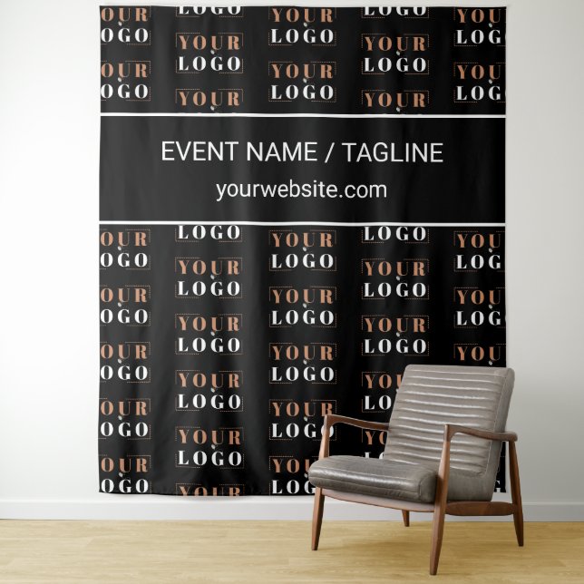 Custom Logo & Text Half Drop Repeat Black Backdrop Tapestry (In Situ)