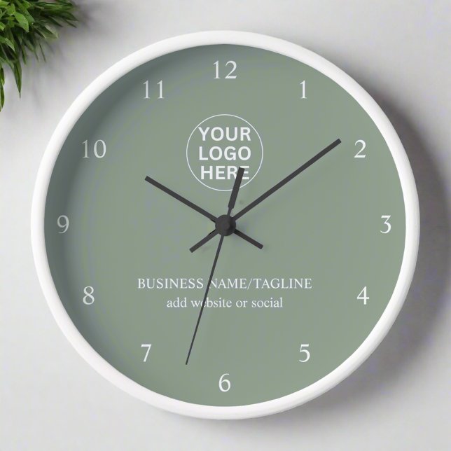 Custom Logo & Text l Sage Green Branded Business  Clock (Creator Uploaded)