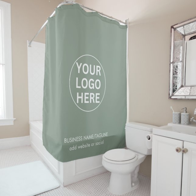 Custom Logo & Text l Sage Green Branded Business  Shower Curtain (In Situ)