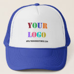 Custom Logo Text Promotional Business Trucker Hat<br><div class="desc">Custom Colors and Font - Personalized Hats with Your Company Logo and Text Promotional Business Trucker Hat / Baseball Caps Gift - Add Your Logo / Image or QR Code - Photo / and Website or Name / Information / Custom Text / More - Resize and move elements with Customization...</div>