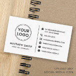 Custom logo website social media modern minimal business card<br><div class="desc">White or custom color,  modern,  elegant and professional business card design with template fields for name,  company name/title,  logo (photo or other graphic) and contact information including social media icons and website URL. Change background color,  move and resize elements with the customization tool.</div>