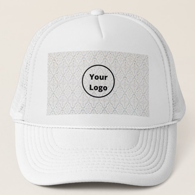 Custom logo white baroque print trucker hat (Front)