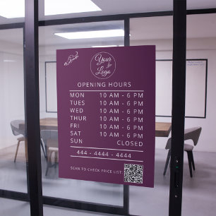 Custom Logo White Business Opening Hours & QR Code Window Cling