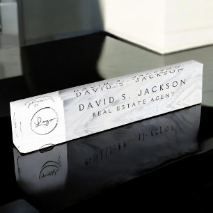 Custom Logo White Grey Marble Elegant Professional Nameplate