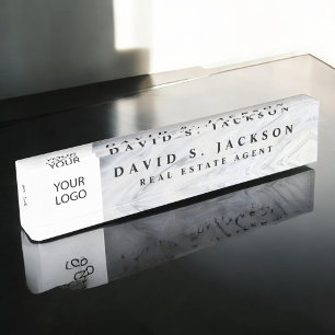 Custom Logo White Grey Marble Elegant Professional Nameplate