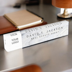Custom Logo White Grey Marble Elegant Professional Nameplate