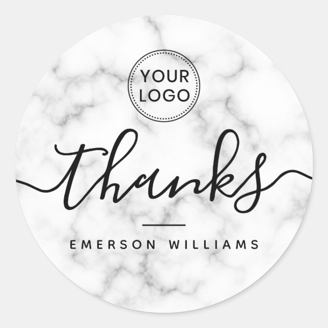 Custom logo white marble elegant thank you classic round sticker (Front)