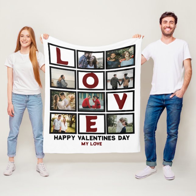 Custom Love Happy Valentines Day 8 Photo Collage Fleece Blanket (In Situ)