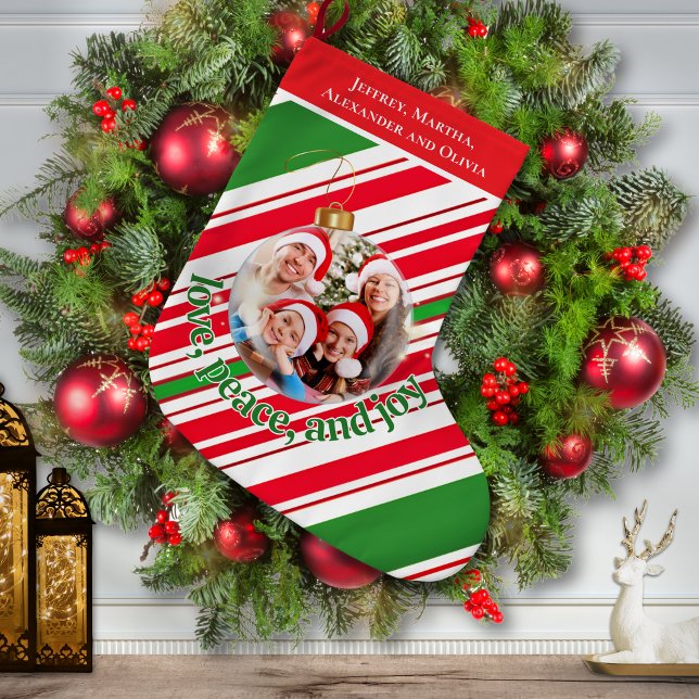 Custom Love Peace Joy Family Photo Large Christmas Stocking (Creator Uploaded)