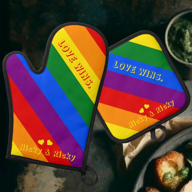 Custom 'Love Wins.' LGBT Rainbow Flag Pride Month Oven Mitt & Pot Holder Set (Creator Uploaded)