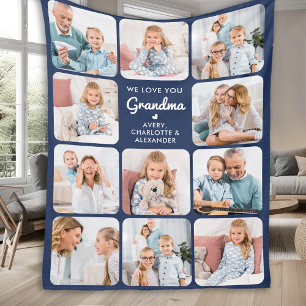 Custom Love You Grandma Modern Navy Blue 11 Photo Fleece Blanket