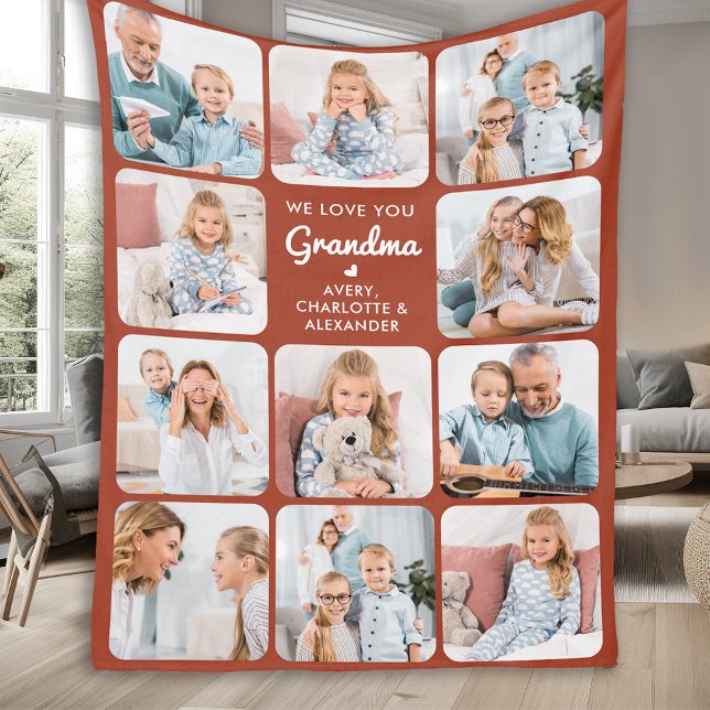 Custom Love You Grandma Modern Terracotta 11 Photo Fleece Blanket (Creator Uploaded)