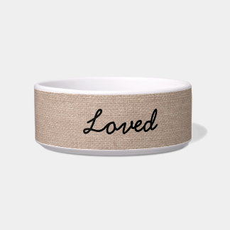 Custom "Loved" faux burlap dog puppy name personal Bowl