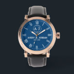 Custom lovers name monogram Personalized blue Watch<br><div class="desc">This elegant personalized watch is the perfect wedding gift, featuring the bride and groom’s names beautifully engraved. Designed to celebrate love, this custom couple’s timepiece is a unique and sophisticated accessory, ideal for newlyweds. With a monogrammed design that reflects the couple's style, it makes for a refined and memorable wedding...</div>