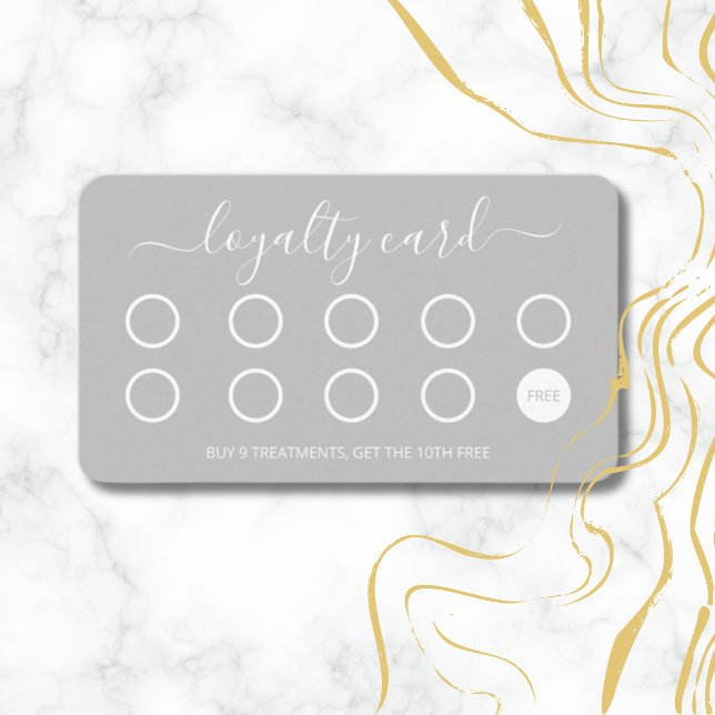 Custom Loyalty Card Simple Script Grey and White (modern and simple loyalty card with elegant script in grey and white)