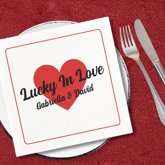Custom Lucky In Love Heart Names Couples Shower Napkin (Custom Lucky In Love Heart Names Couples Shower Napkins)