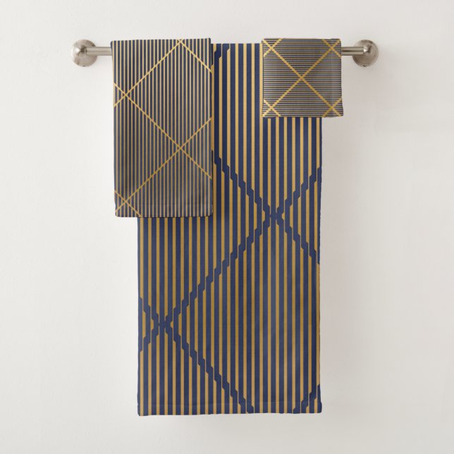 CUSTOM LUXE BLUE GOLD STRIPE  BATH TOWEL SET (Insitu)