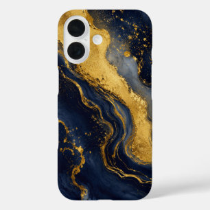 Custom Luxury Navy Gold Abstract Marble Fluid Art iPhone 16 Case