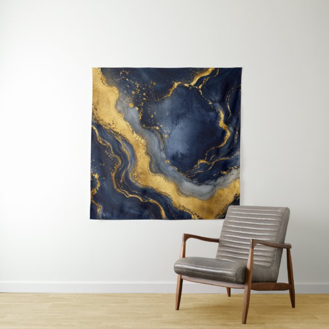 Custom Luxury Navy Gold Abstract Marble Fluid Art Tapestry (In Situ)