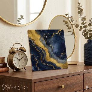 Custom Luxury Navy Gold Abstract Marble Fluid Art Tile
