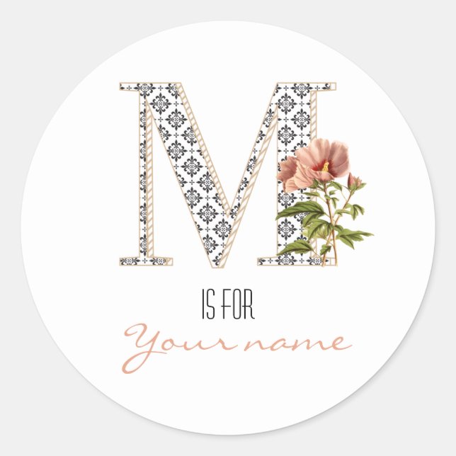 Custom M Name Floral Flower Classy Letter M Modern Classic Round Sticker (Front)