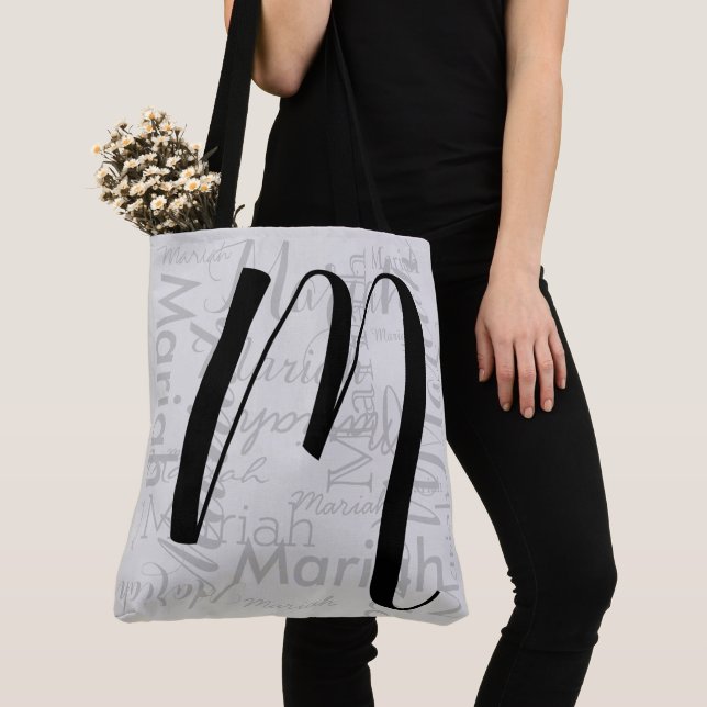 Custom M script Monogram Black grey Tote Bag (Close Up)