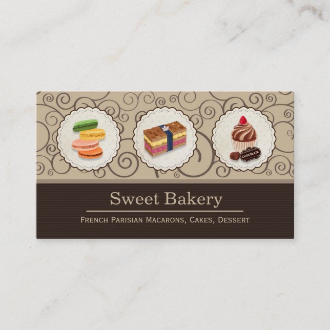 Custom Macaron Chocolate Cupcake Bakery Store Business Card (Front)