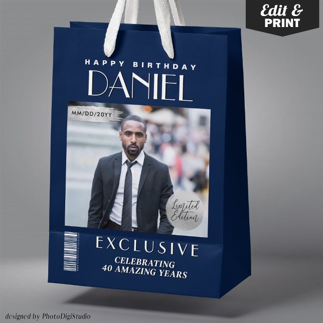 Custom Magazine Cover Modern Birthday Gift Bag (Custom Magazine Cover Modern Birthday Gift Bag Navy Blue Silver Gift Bag and Favor Bag)