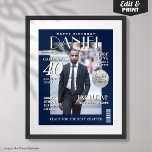 Custom Magazine Cover, Modern Birthday Portrait  Poster<br><div class="desc">Celebrate in style with this custom magazine cover birthday poster in a sleek navy and silver theme. Personalise with a photo, name, age, and fun headlines to turn the birthday star into the cover feature! Perfect as a party backdrop, welcome sign, or memorable gift that adds a bold, modern flair...</div>